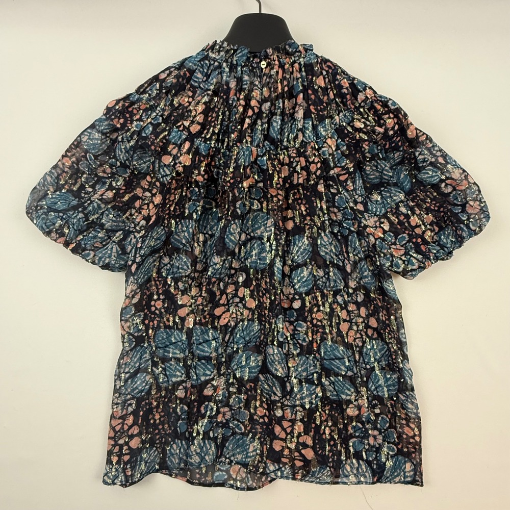 Ulla Johnson Silk Lurex Metallic Ruffle Puff Sleeve Blouse Blue Pink Gold 4 - Picture 2 of 9